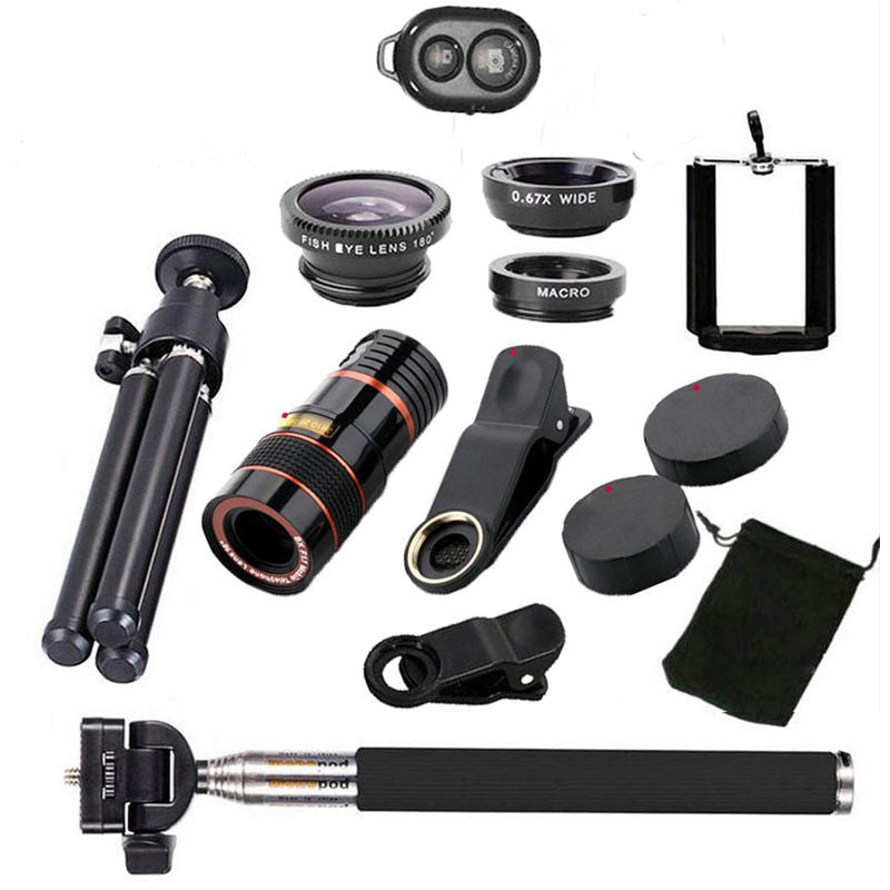 10 in 1 Kits 12x Zoom Telephoto Lens Fish eye Lens Wide Angle Macro Lenses Cell Phone Mobile Tripod