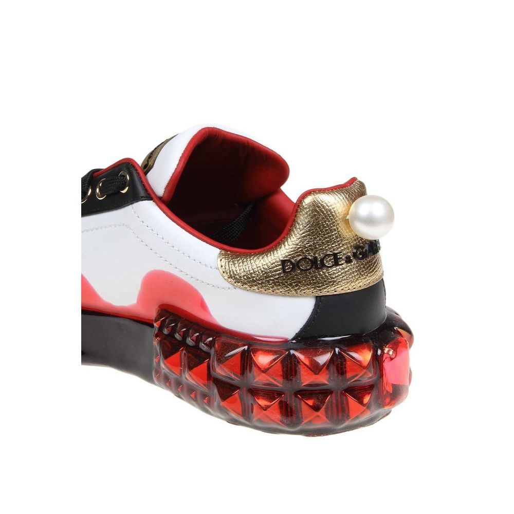 White Calfskin Women Sneaker with Heart-Shaped Rhinestone Detail