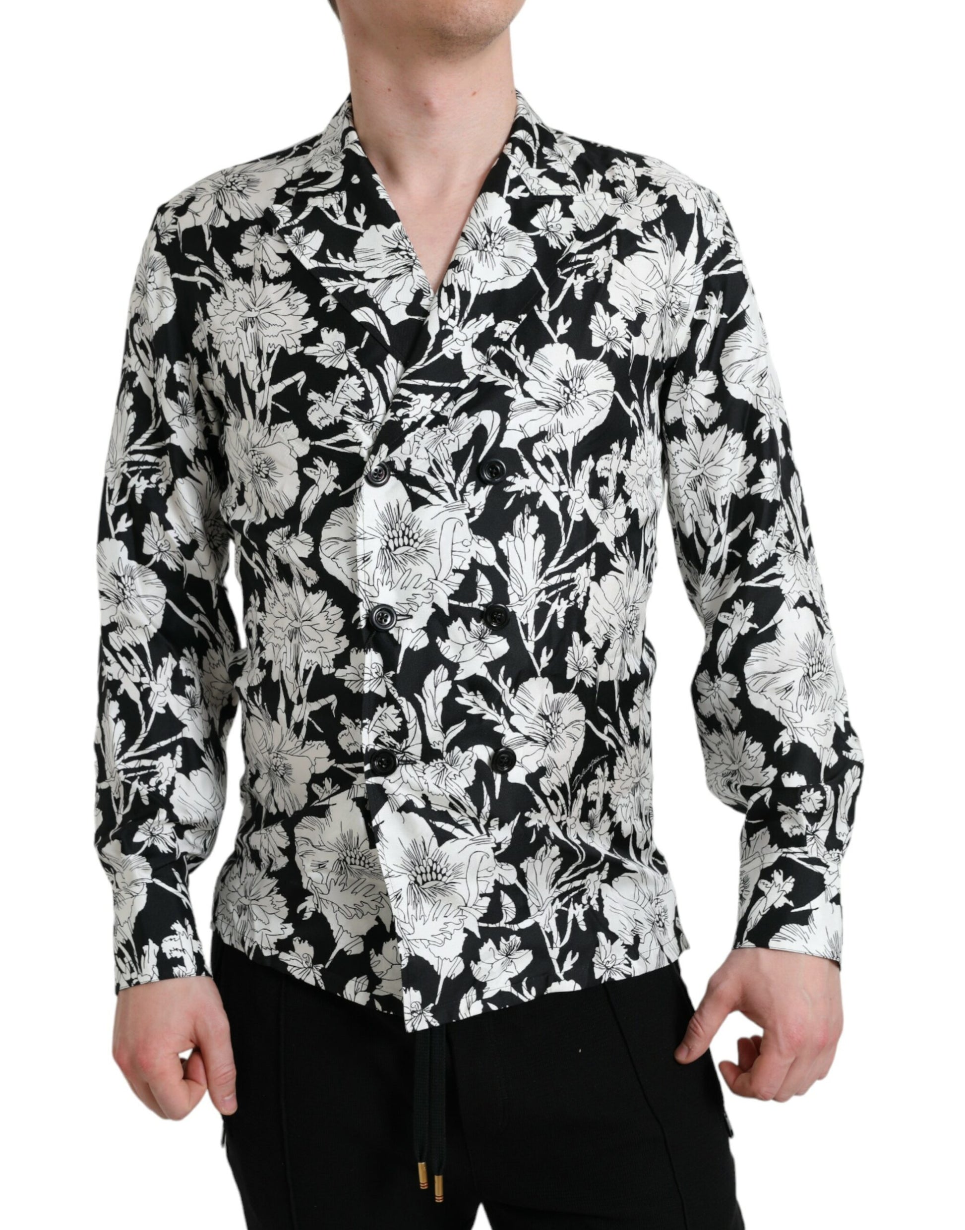 Black White Floral Button Down Casual Shirt