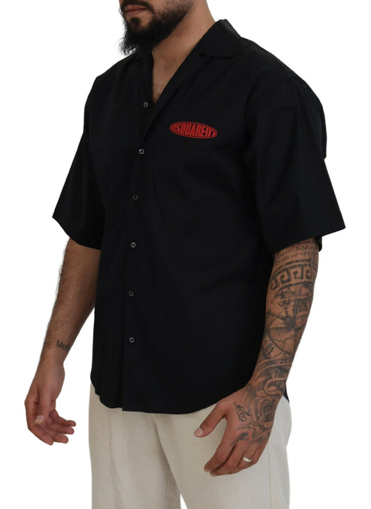 Black Cotton Collared Logo Print Short Sleeve Shirt