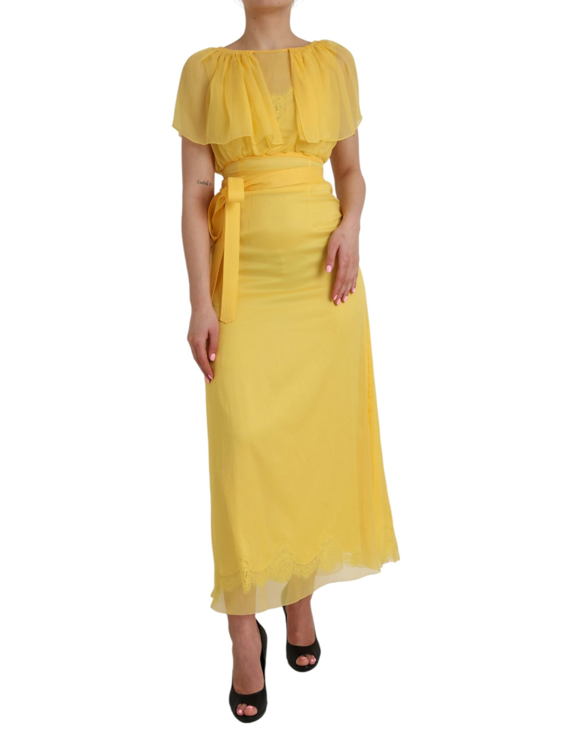 Yellow Silk Sheath Belted Long Maxi Dress