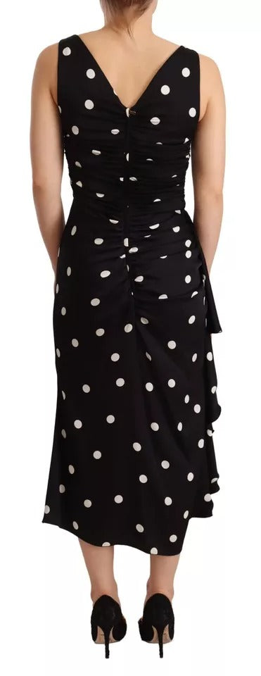 Black Silk Polka Dots V-neck Sheath Midi Dress