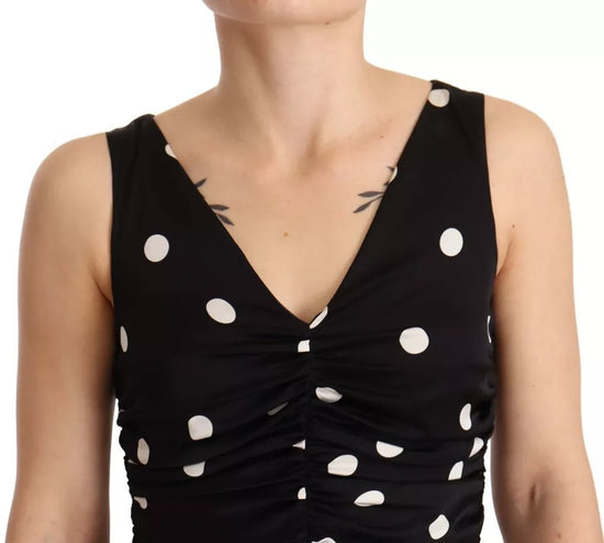 Black Silk Polka Dots V-neck Sheath Midi Dress