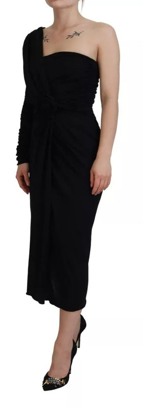 Black Wrap Sheath One Shoulder Wool Dress