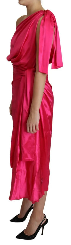 Fuchsia Fitted Cut One Shoulder Midi Dress