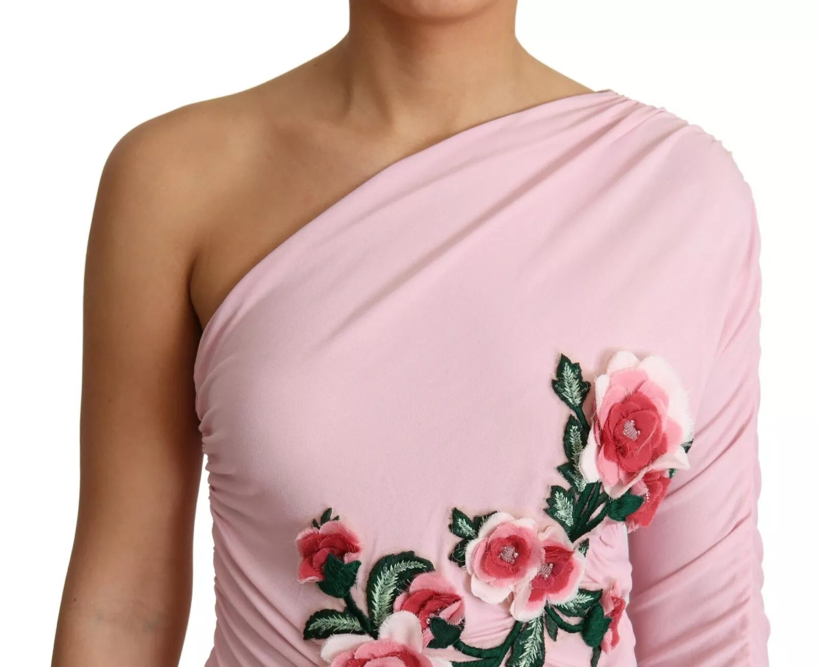 Pink Flower Embellished One Shoulder Dress