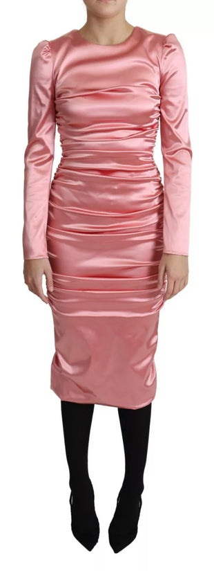 Pink Long Sleeves Bodycon Sheath Midi Dress