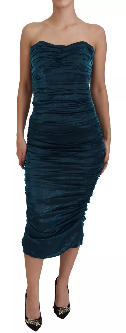 Silk Blend Blue Satin Fitted Strapless Dress