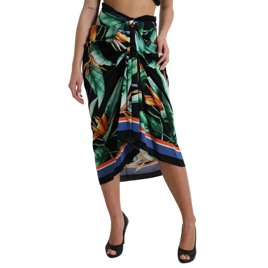 Black Strelitzia High Waist Wrap Midi Skirt