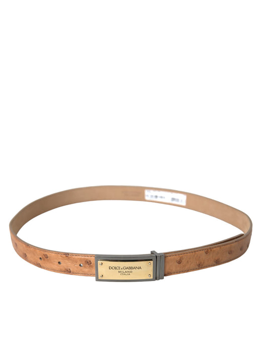 Beige Leather Gold Logo Engraved Buckle Belt