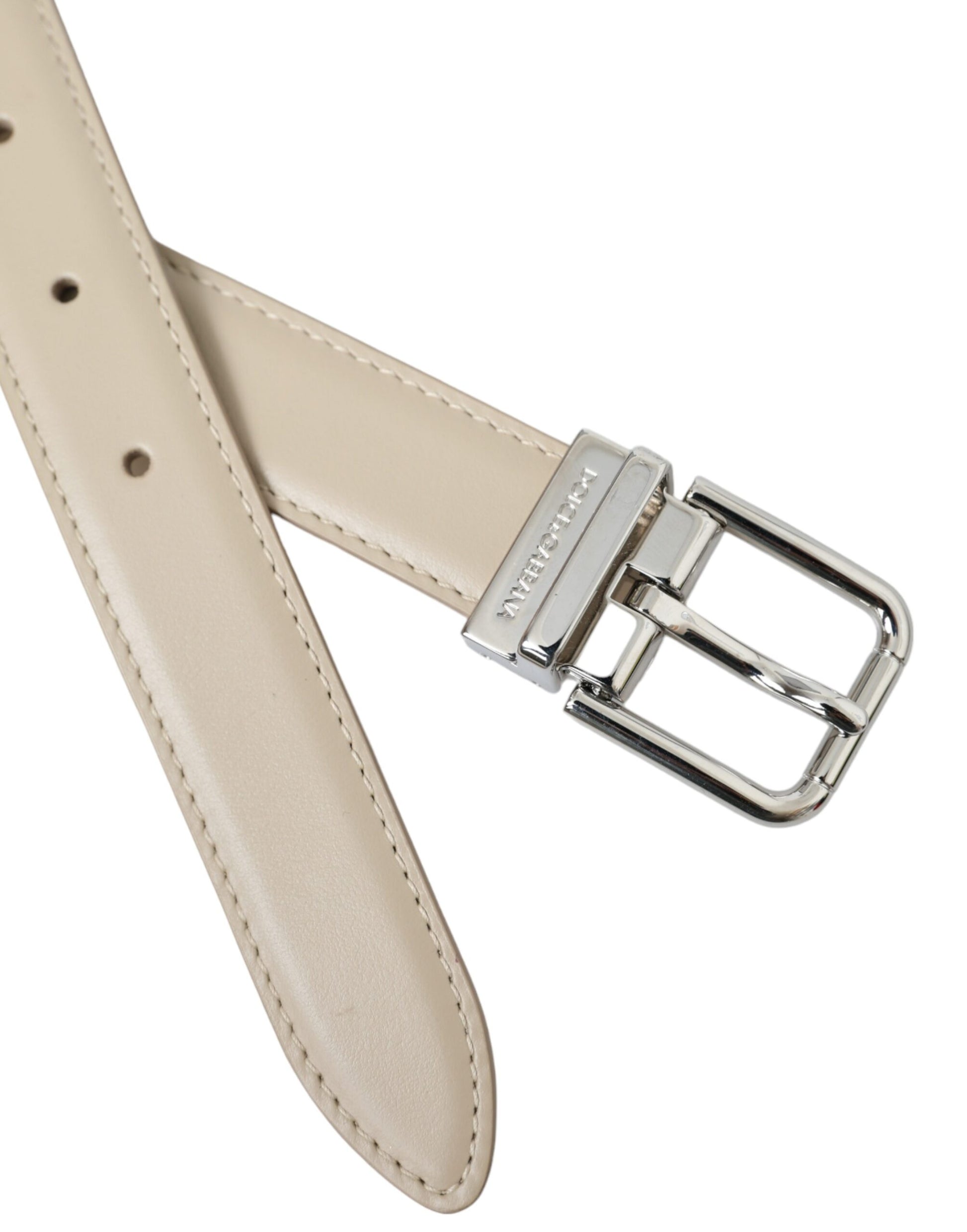 Beige Calfskin Leather Silver Metal Buckle Belt