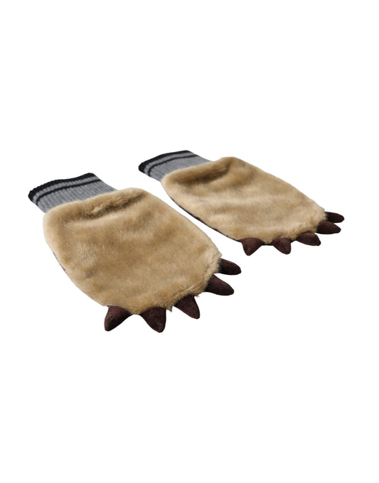 Beige Acrylic Knitted Fur Wrist Mitten Gloves