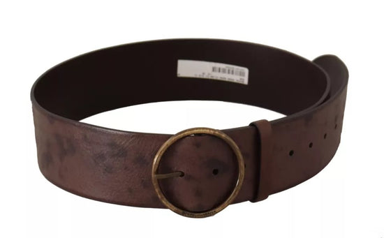 Dark Brown Wide Calf Leather Logo Round Buckle Belt