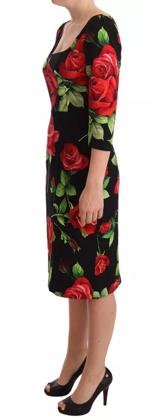 Black Red Roses Sheath Silk Stretch Dress