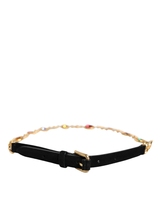 Black Leather Gold Brass Crystal Chain Waist Belt