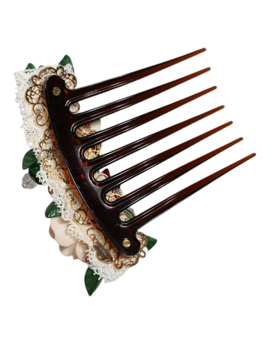 Brown Plastic Crystal Floral Women Hair Comb