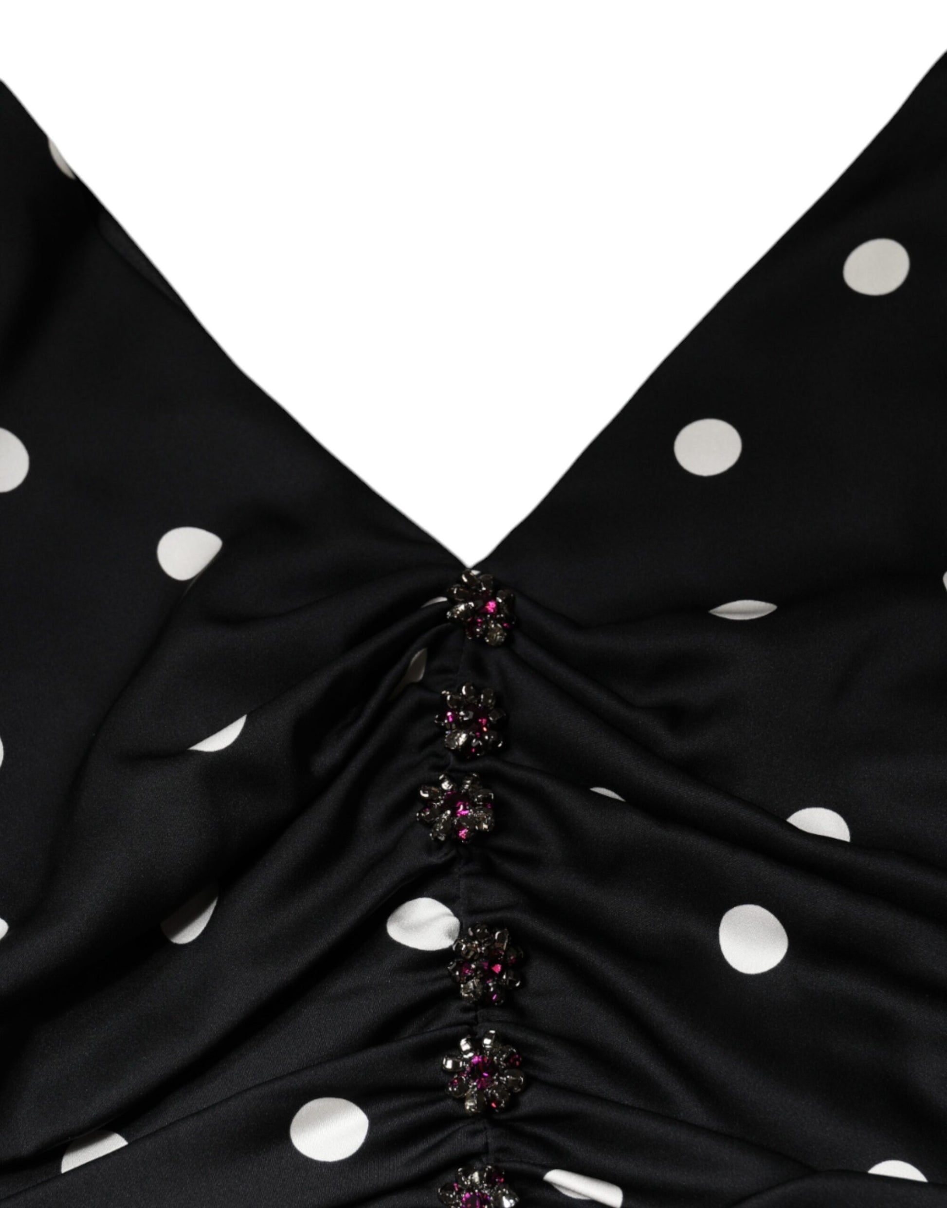 Black Silk Polka Dot V-neck Tassel Midi Dress