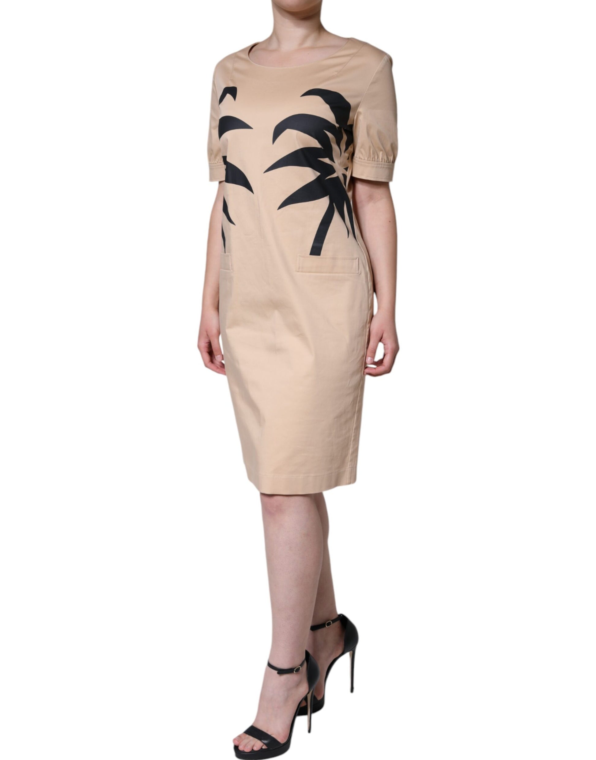 Beige Cotton Short Sleeve Knee Length Dress