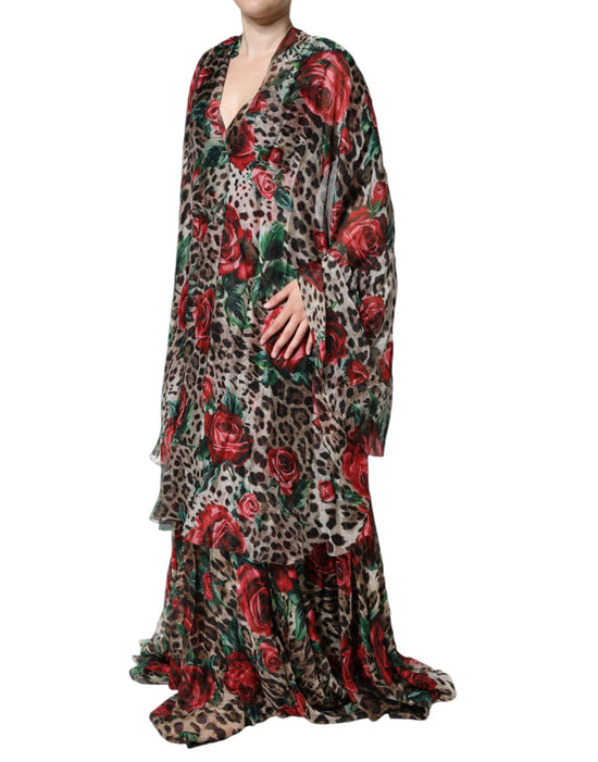 Brown Leopard Red Roses Silk Long Gown Dress