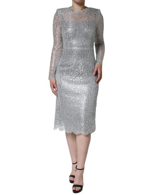 Silver Floral Lace Bodycon Sheath Midi Dress