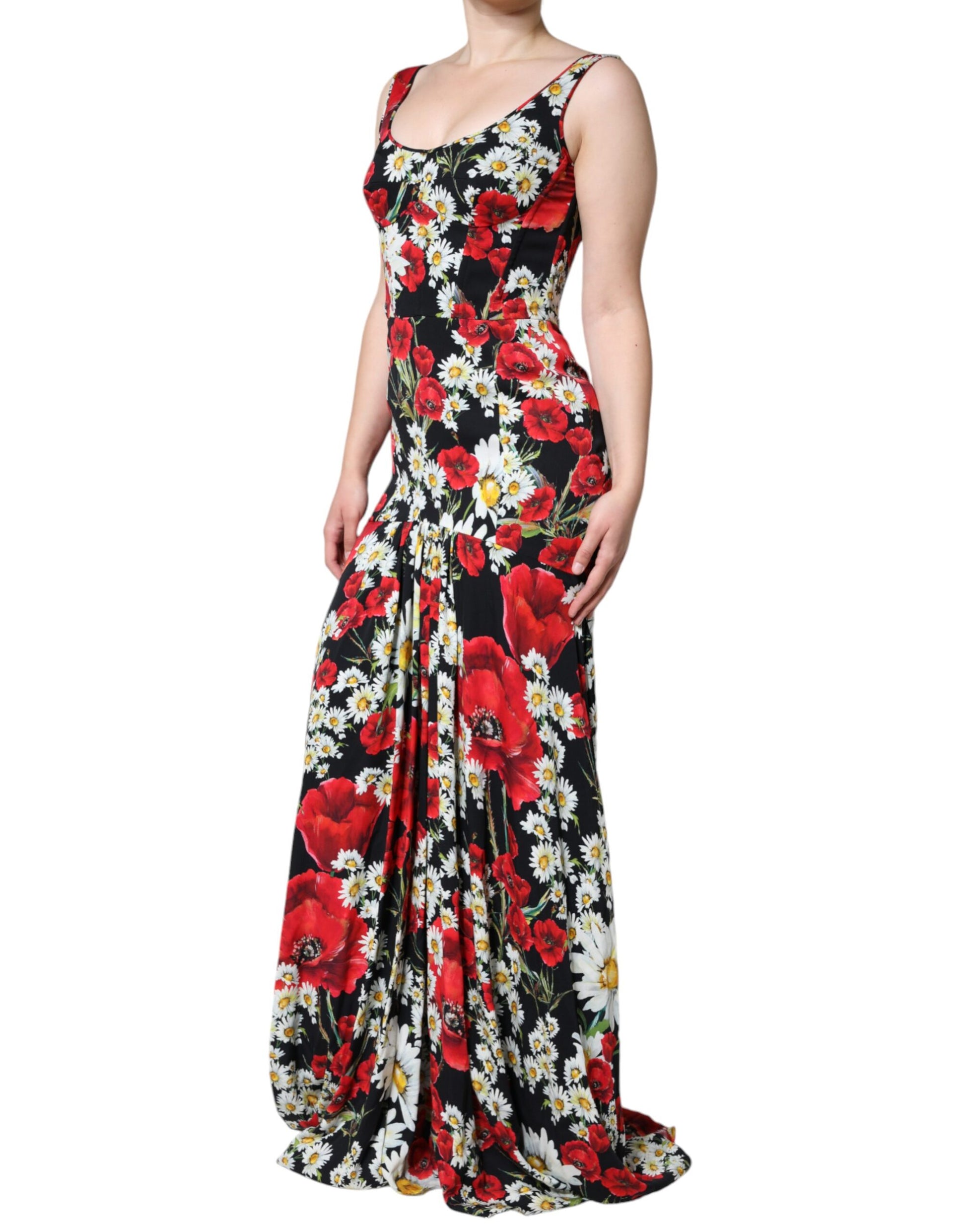 Black Floral Silk Sleeveless Long Gown Dress