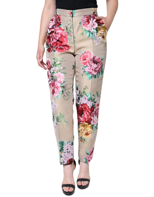 Beige Floral Jacquard High Waist Tapered Pants