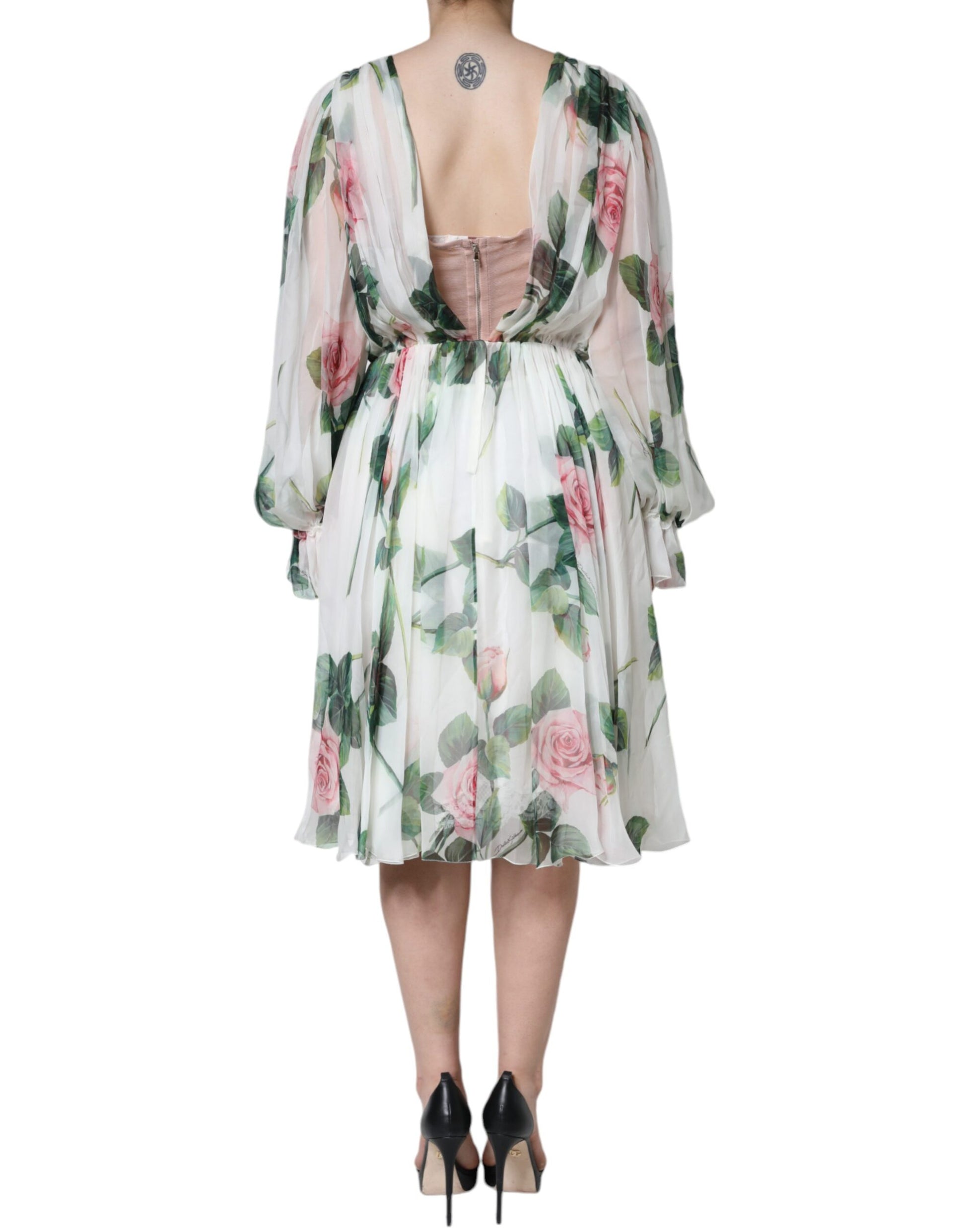 White Silk Floral Print A-line Midi Dress