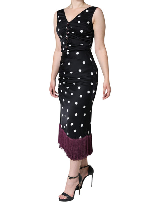 Black Silk Polka Dot Vneck Tassel Midi Dress