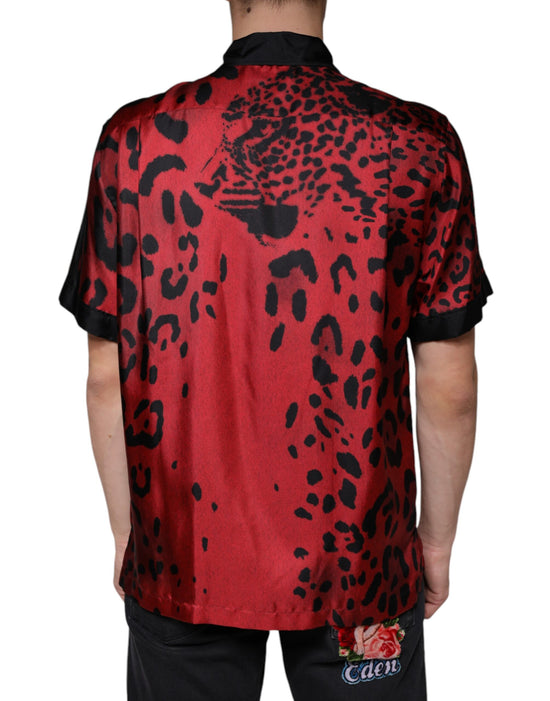 Red Leopard Silk Button Down Casual Shirt