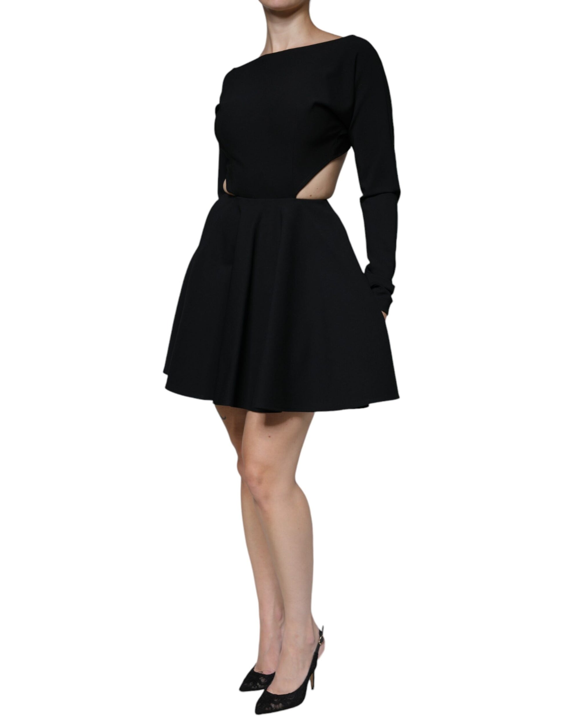 Black Viscose Cut Out A-line Long Sleeves Mini Dress