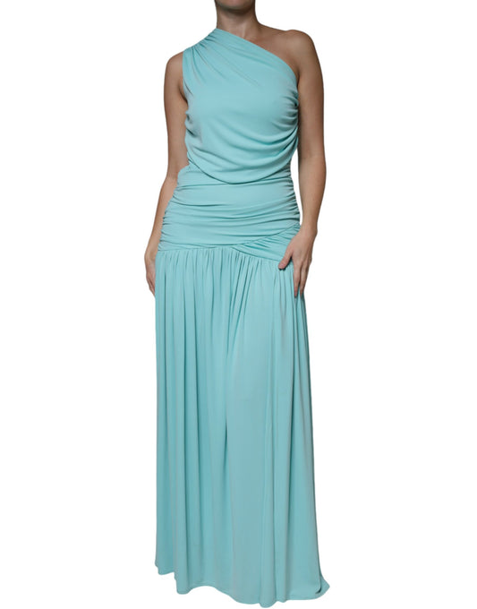 Light Blue Jersey Long Drape One Shoulder Dress