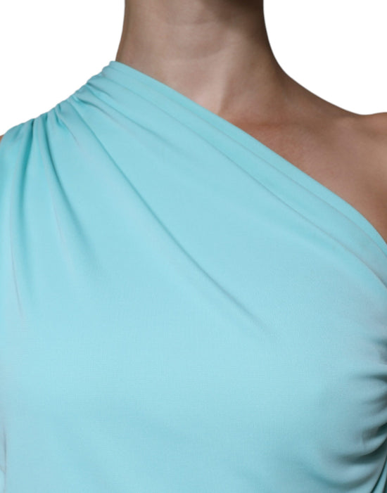 Light Blue Jersey Long Drape One Shoulder Dress