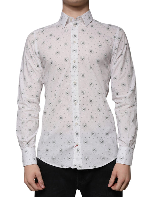 White Printed Cotton Slim Fit Men Dress Shirt