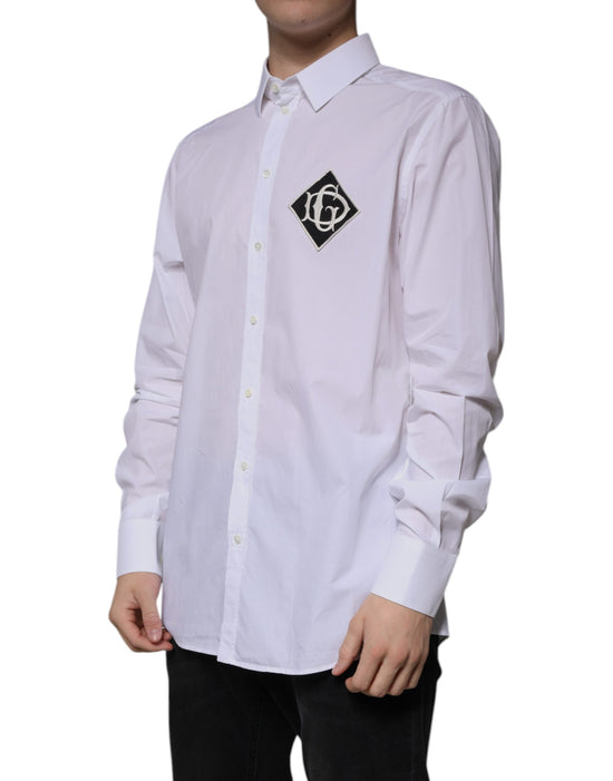 White Cotton Logo Formal Men GOLD Dress Shirt