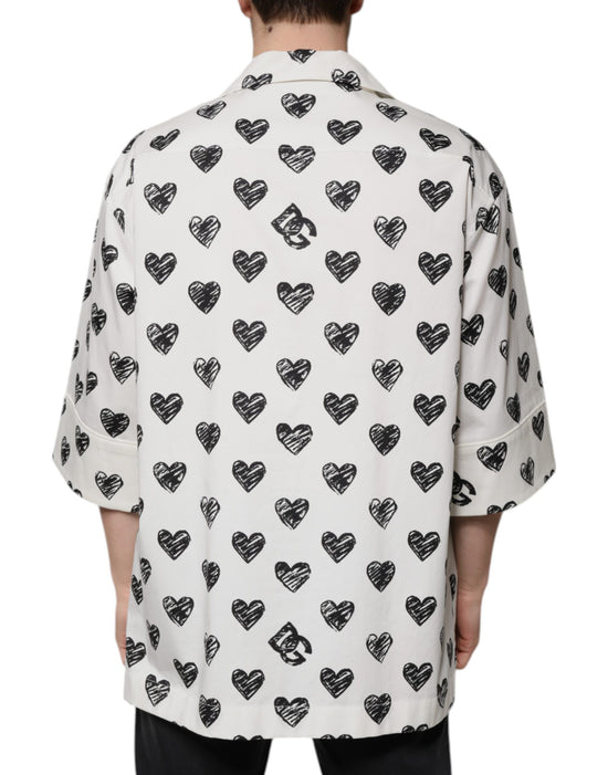 White Heart Print Short Sleeve Casual Shirt