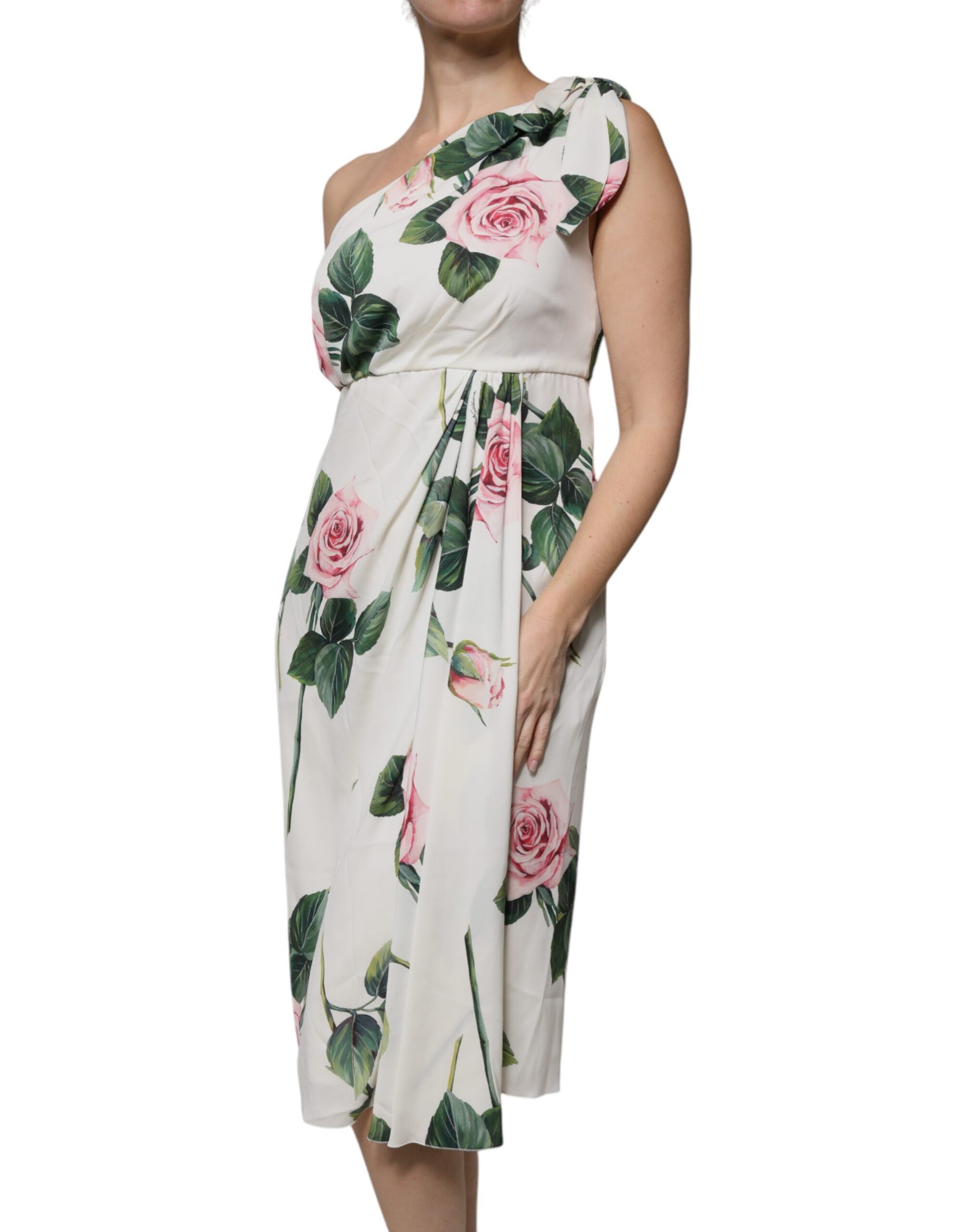 White Floral Silk One Shoulder Midi Dress