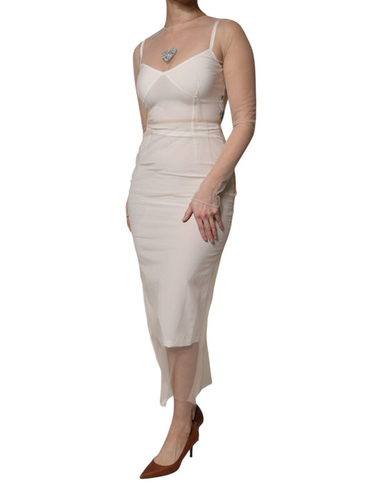 White Sheer Tulle Bustier Bodycon Midi Dress