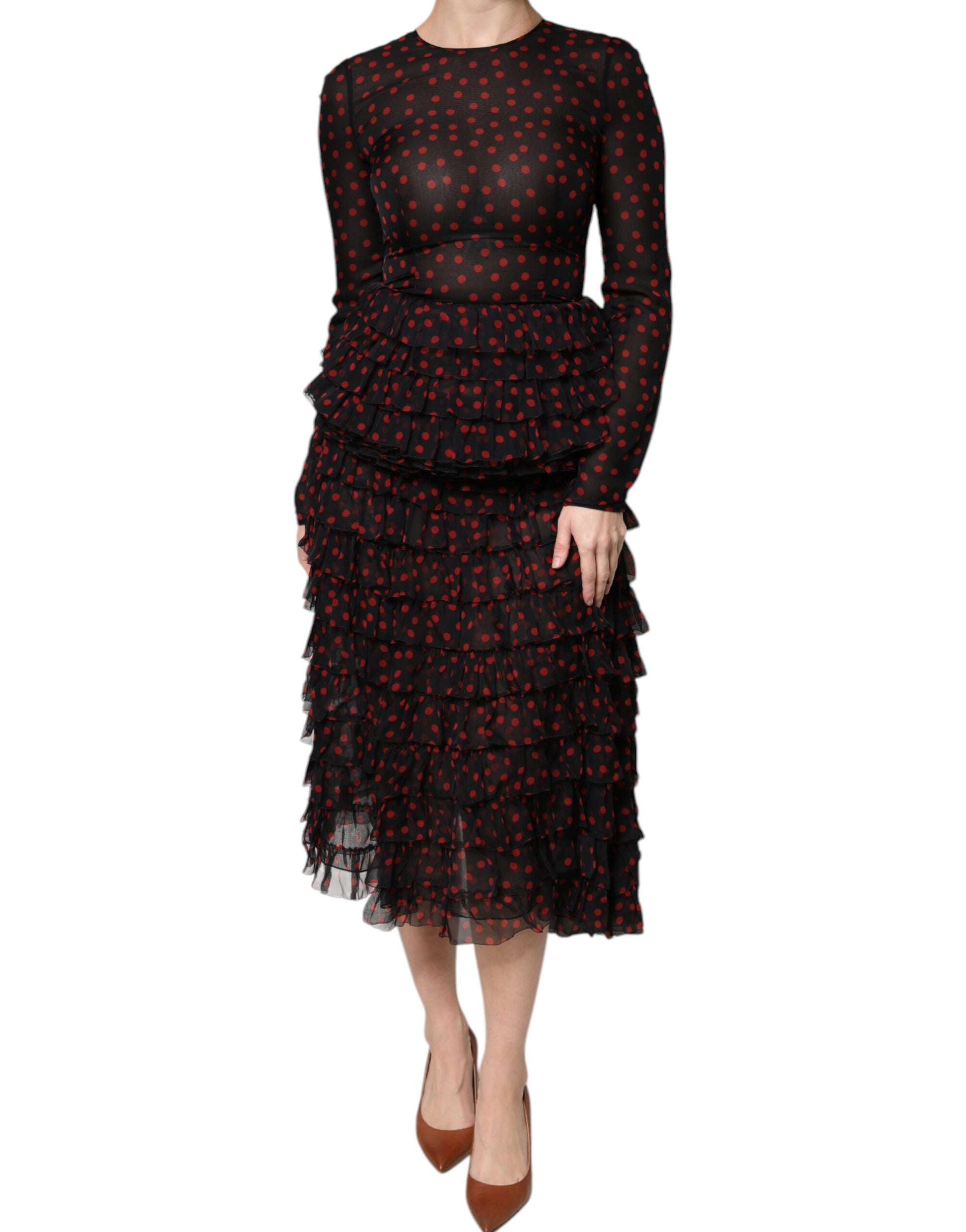 Black Red Polka Dot Silk Layered Midi Dress