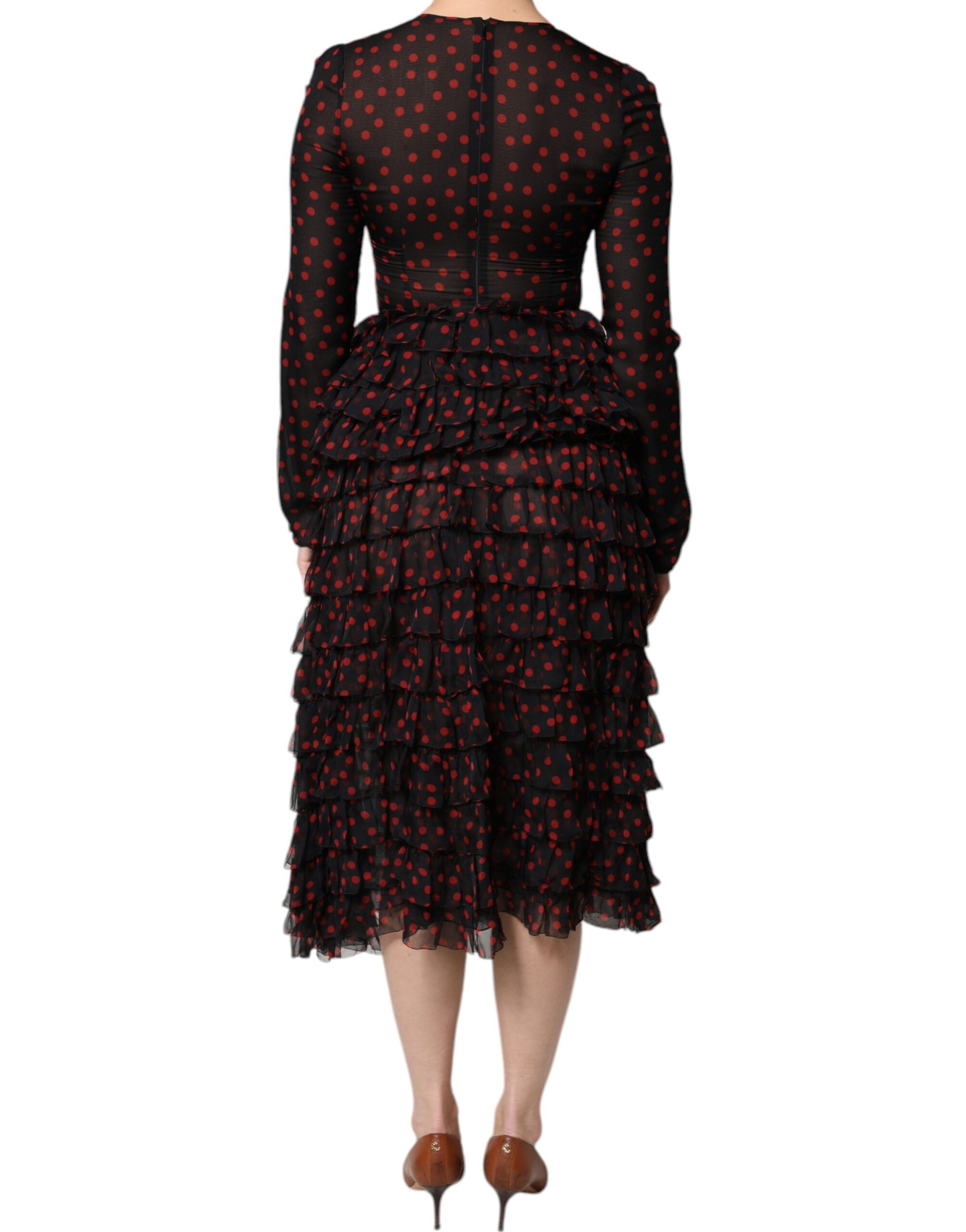 Black Red Polka Dot Silk Layered Midi Dress