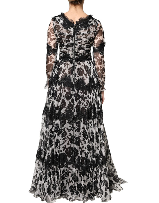 Black Silk Floral Lace Ricamo Ball Maxi Dress