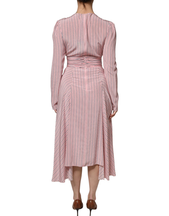 Pink Stripes Silk Long Sleeves Midi Dress