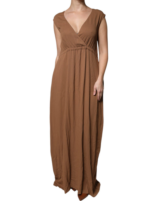 Brown Sleeveless Deep V-neck A-line Long Maxi Dress