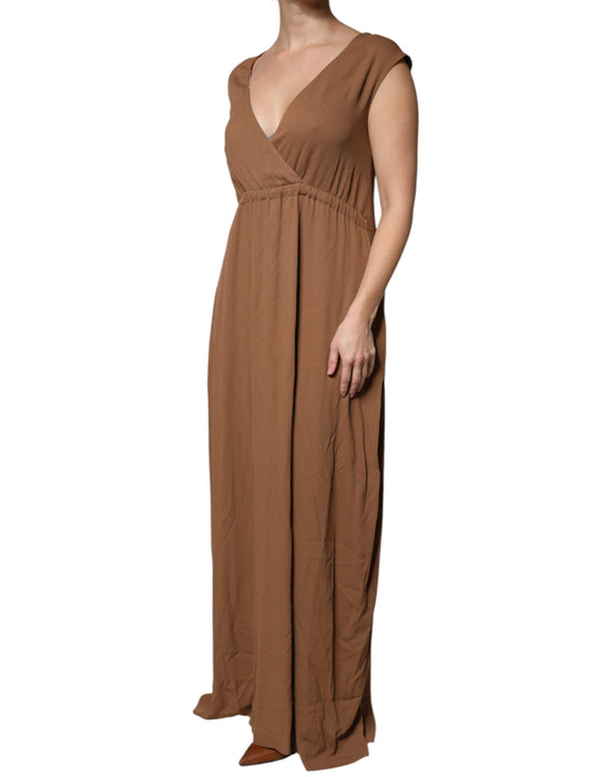 Brown Sleeveless Deep V-neck A-line Long Maxi Dress