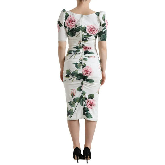 White Roses Print Stretch Silk Pleated Dress