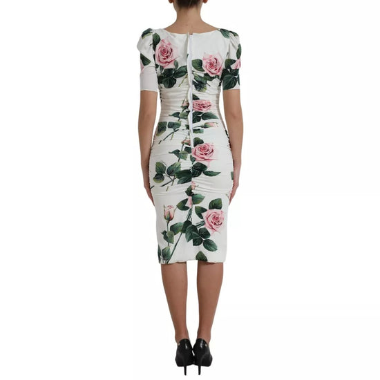 White Roses Print Stretch Silk Pleated Dress