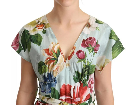 Green Floral Short Sleeves V-neck Dress