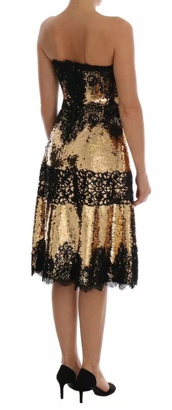 Gold Strapless Sequin Embellished Lace Dress