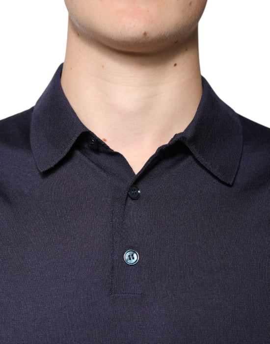 Blue Silk Collared Short Sleeves Polo T-shirt