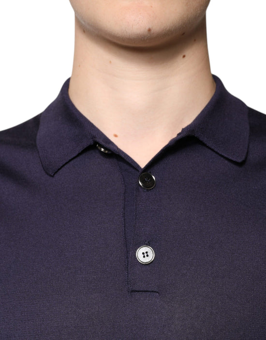 Blue Silk Collared Short Sleeves Polo T-shirt