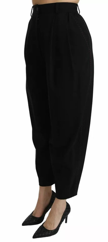 Black Wool High Waist Pleat Front Cropped Pants